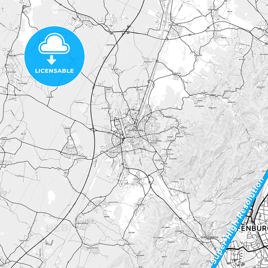 Offenburg, Germany light map with streetnames, citynames and districts