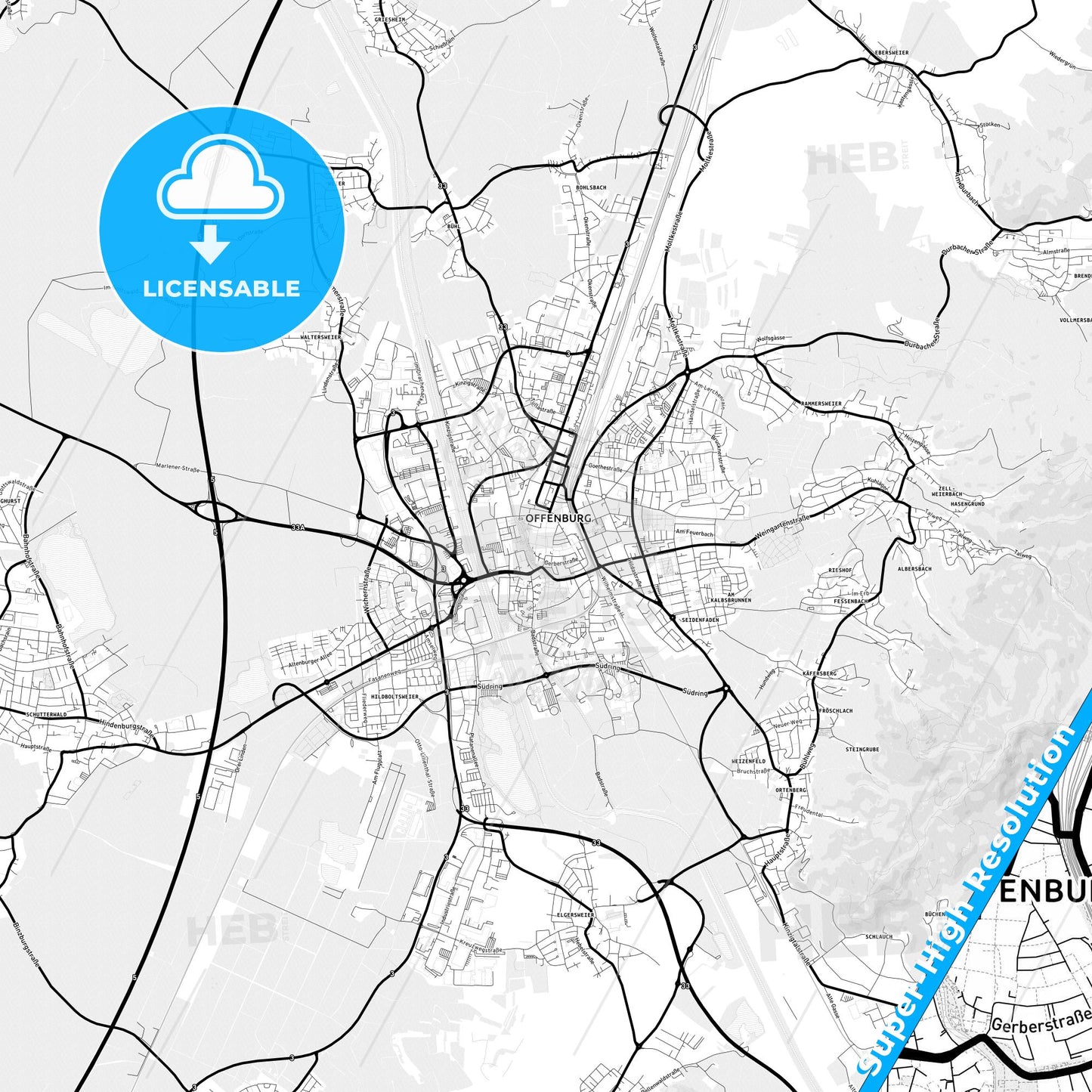 Offenburg, Germany Light Map with Street Names, City Names, and Districts