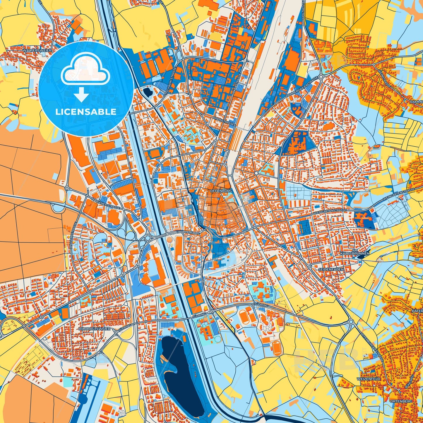 Colorful Offenburg Street Map with Labels and Buildings