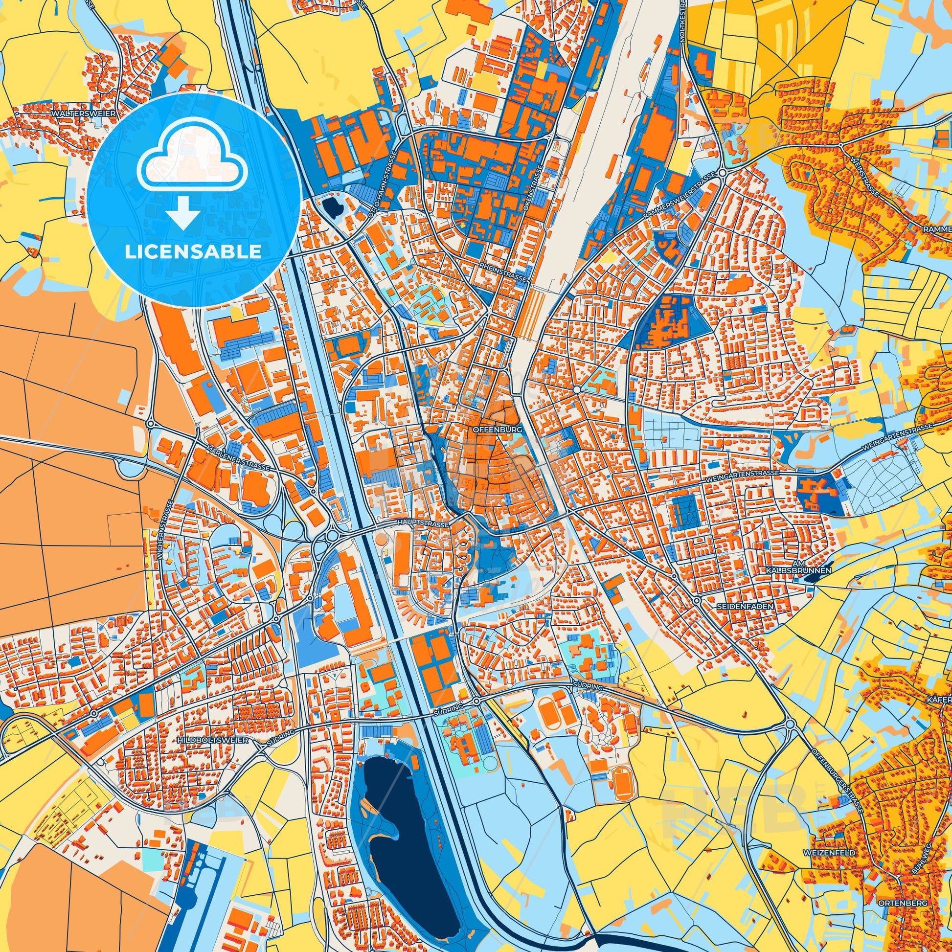Colorful Offenburg Street Map with Labels and Buildings