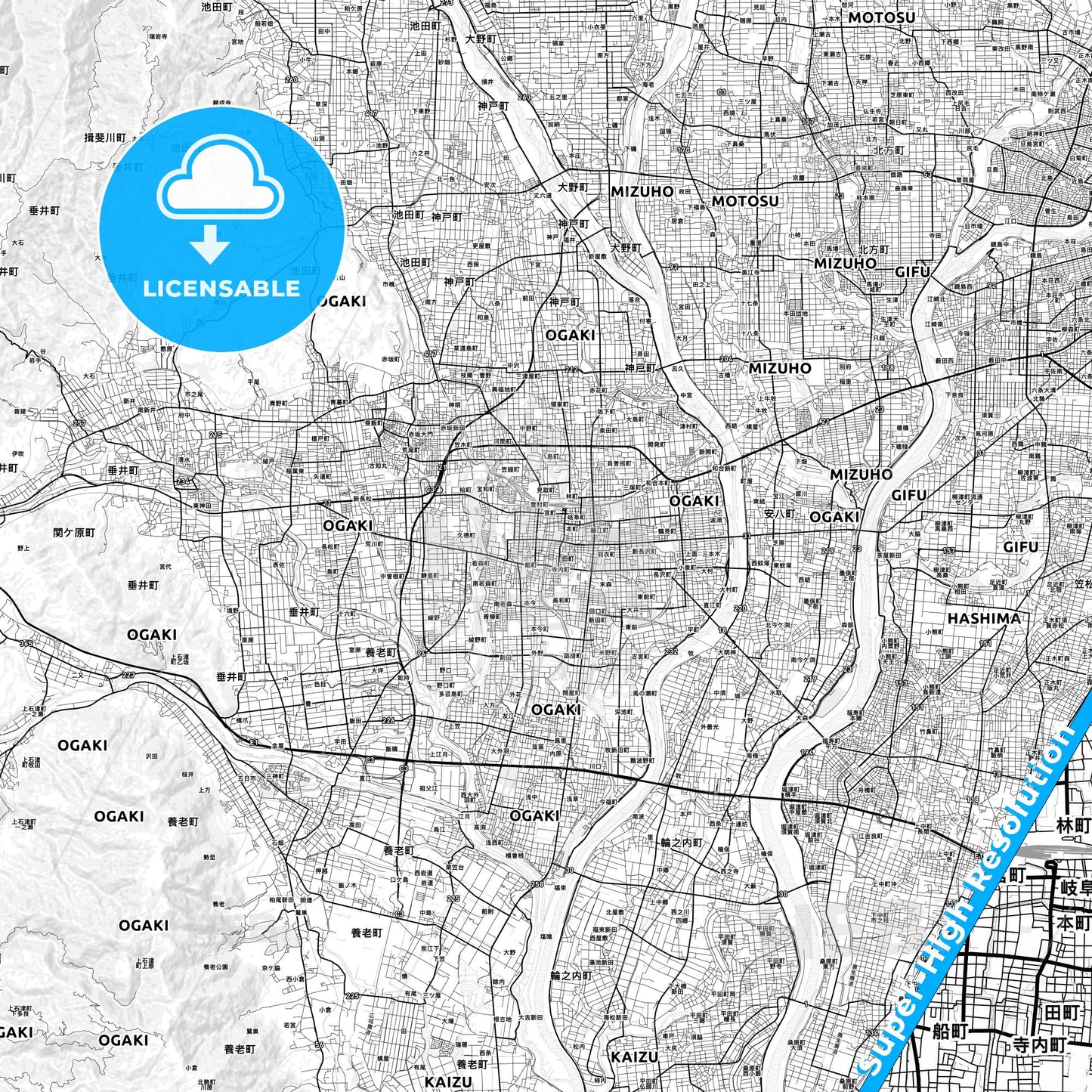 Ōgaki, Japan light map with streetnames, citynames and districts