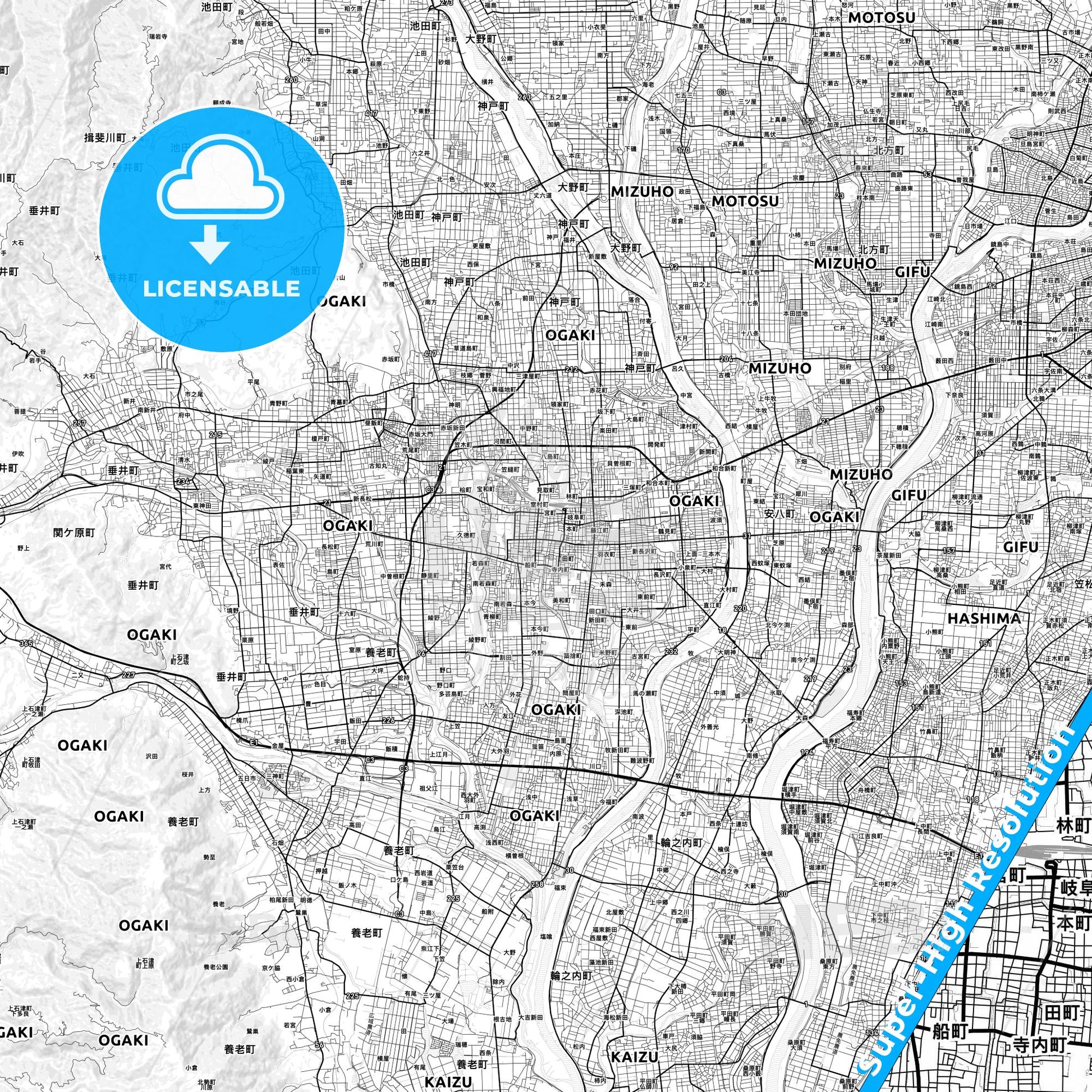Ōgaki, Japan light map with streetnames, citynames and districts