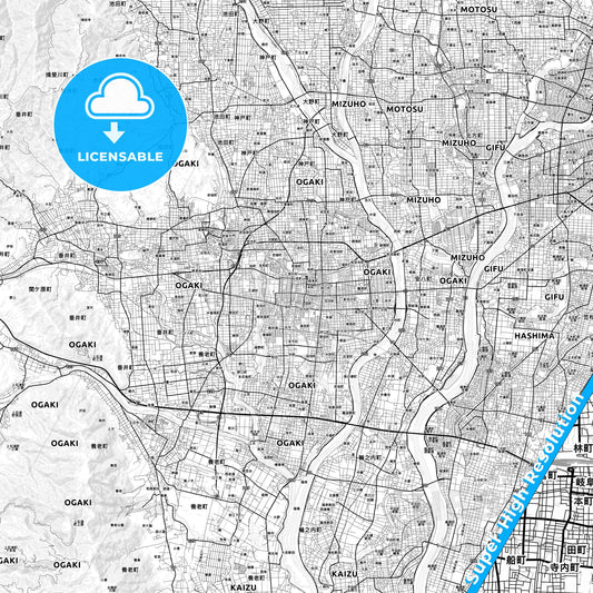 Ōgaki, Japan light map with streetnames, citynames and districts
