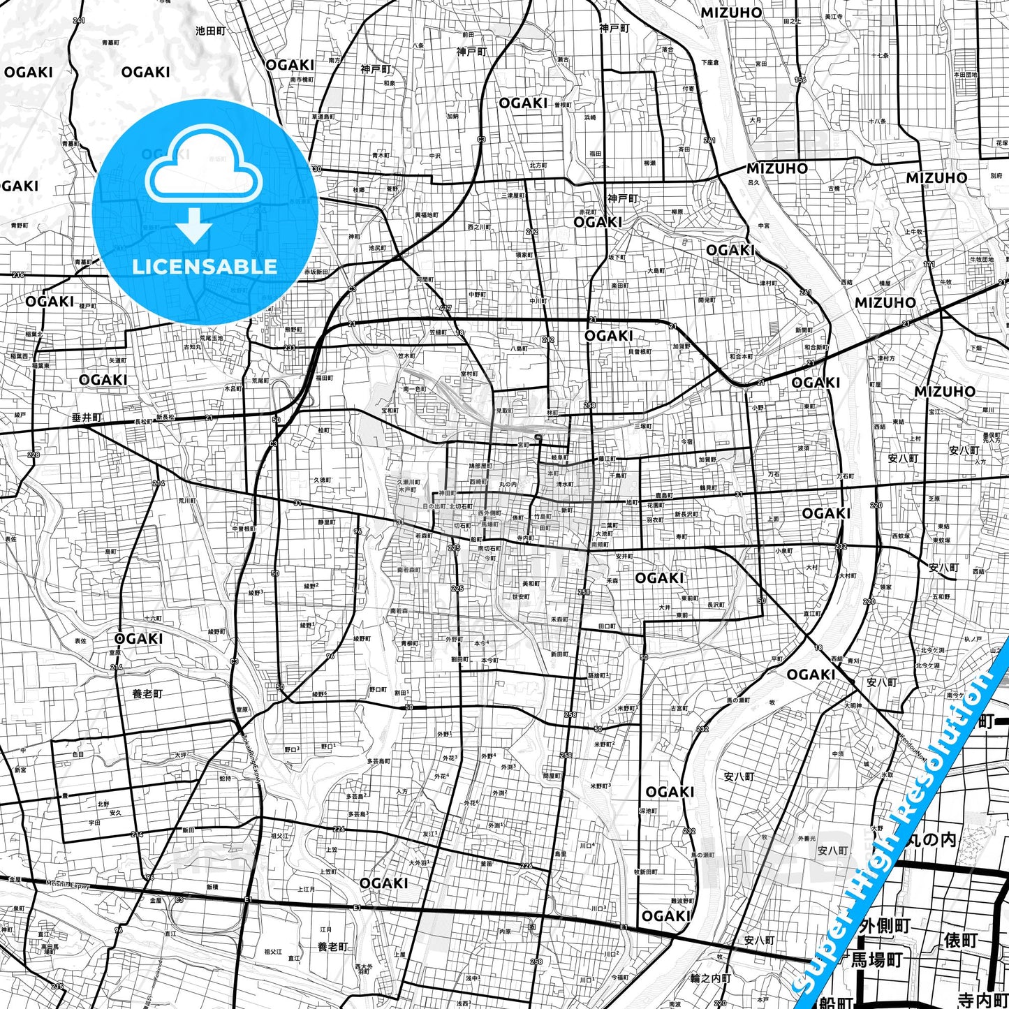 Ōgaki, Japan Light Map with Street Names, City Names, and Districts