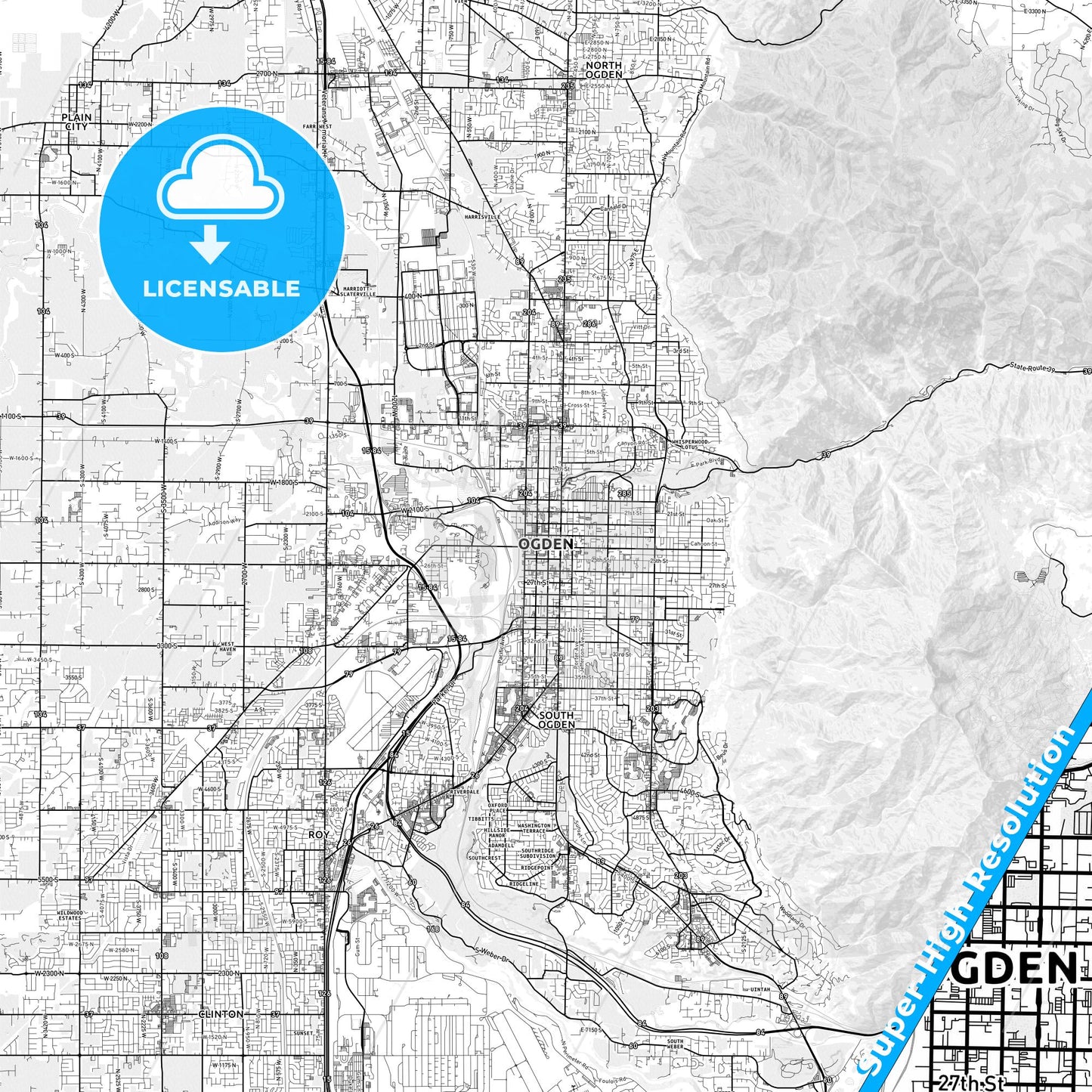 Ogden, Utah light map with streetnames, citynames and districts