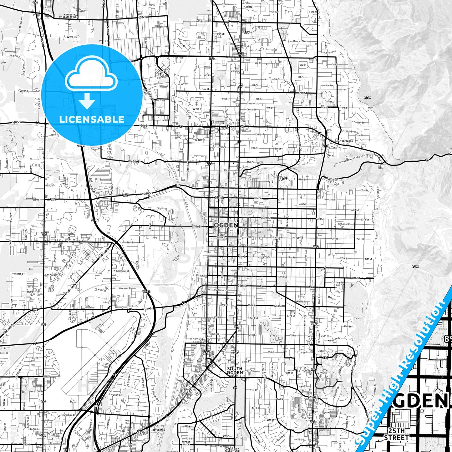 Ogden, Utah Light Map with Street Names, City Names, and Districts