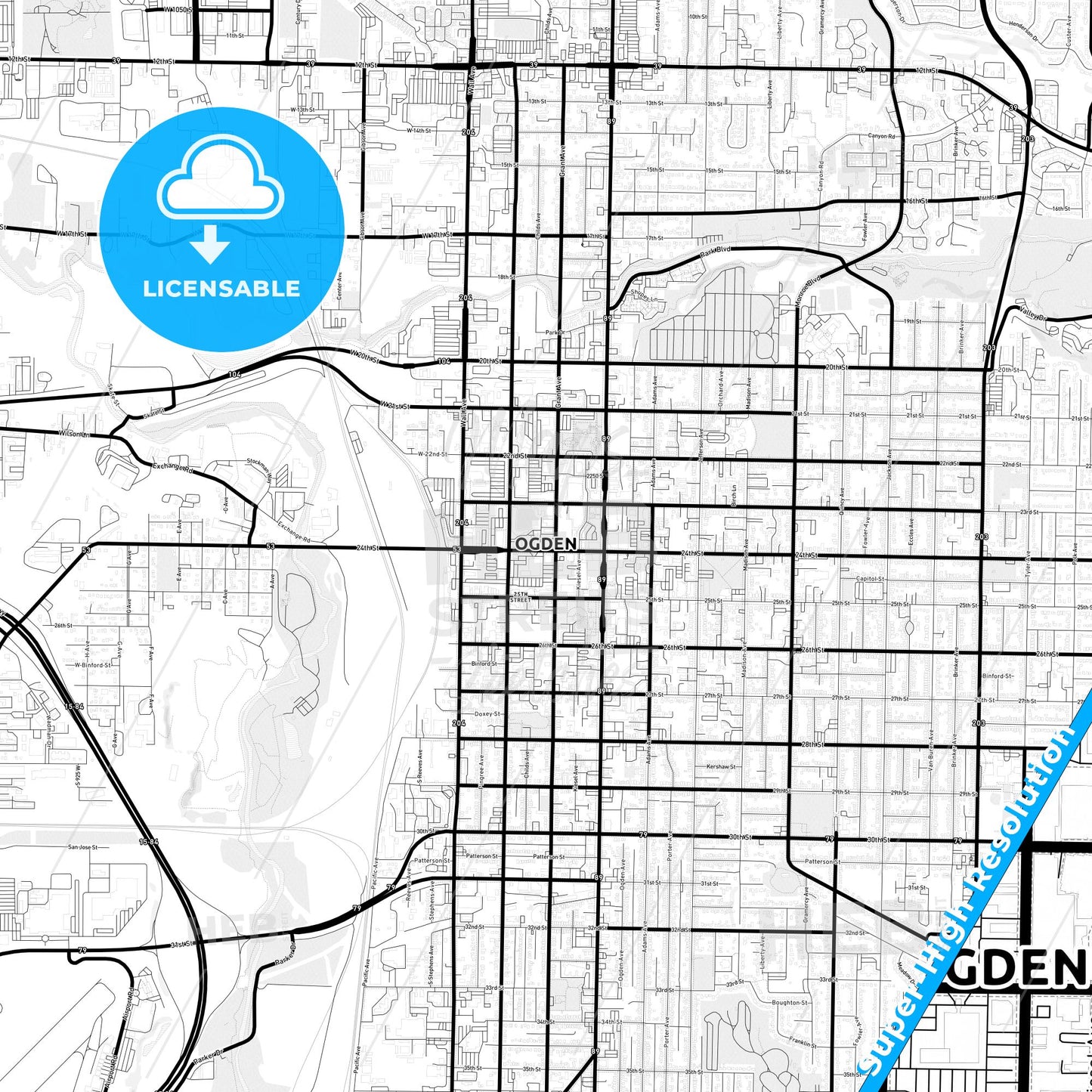 Ogden, Utah Light Map with Street Names, City Names, and Districts