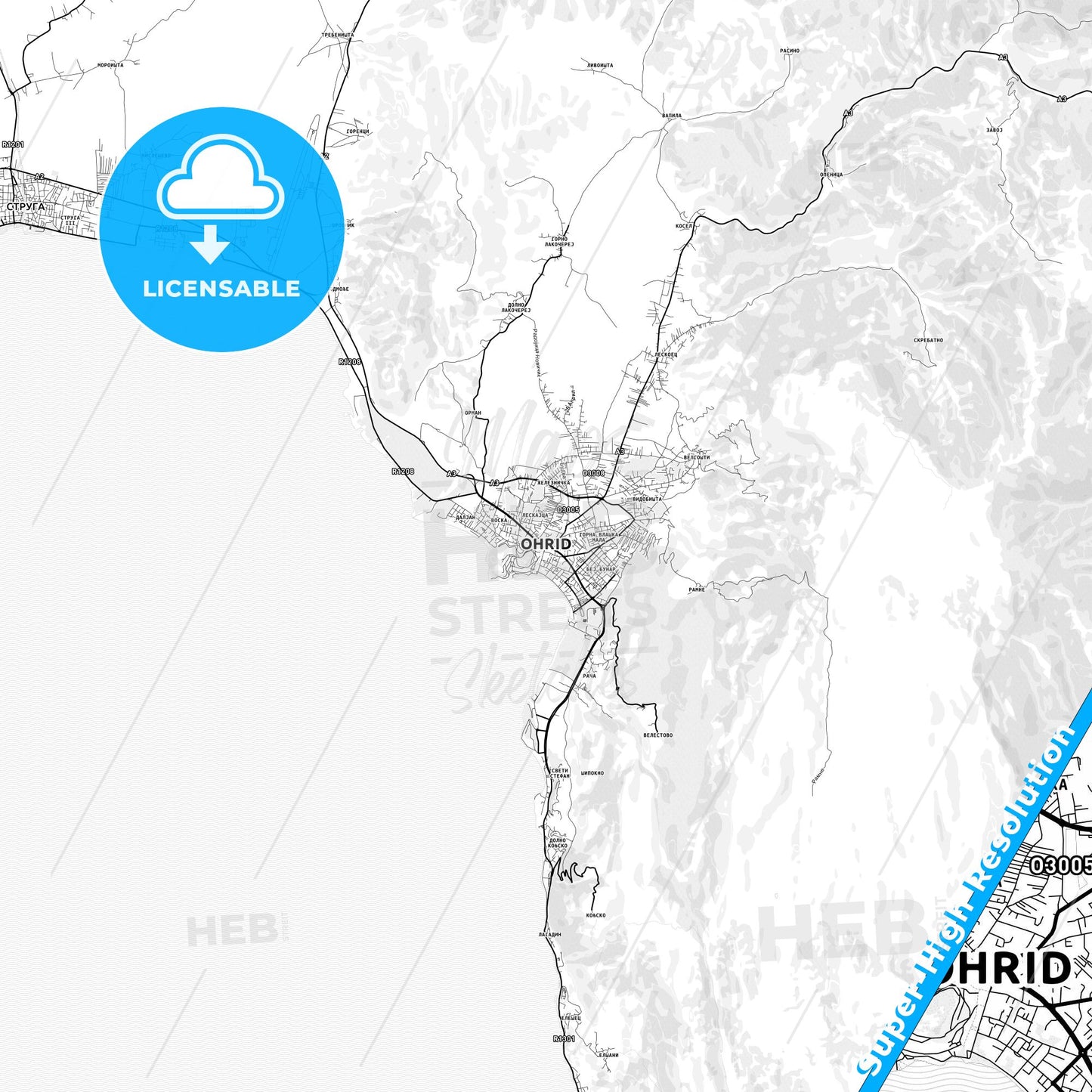 Ohrid, North Macedonia light map with streetnames, citynames and districts