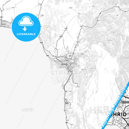 Ohrid, North Macedonia light map with streetnames, citynames and districts