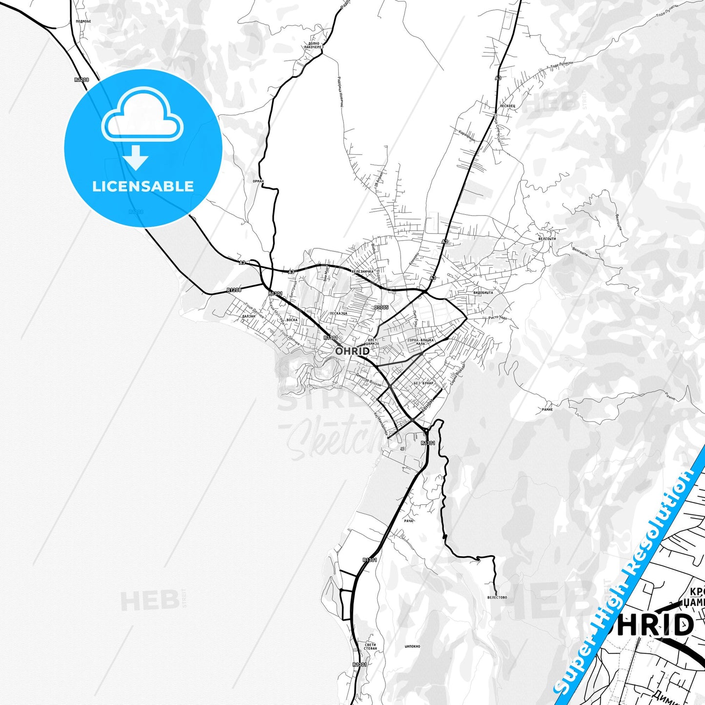 Ohrid, North Macedonia Light Map with Street Names, City Names, and Districts