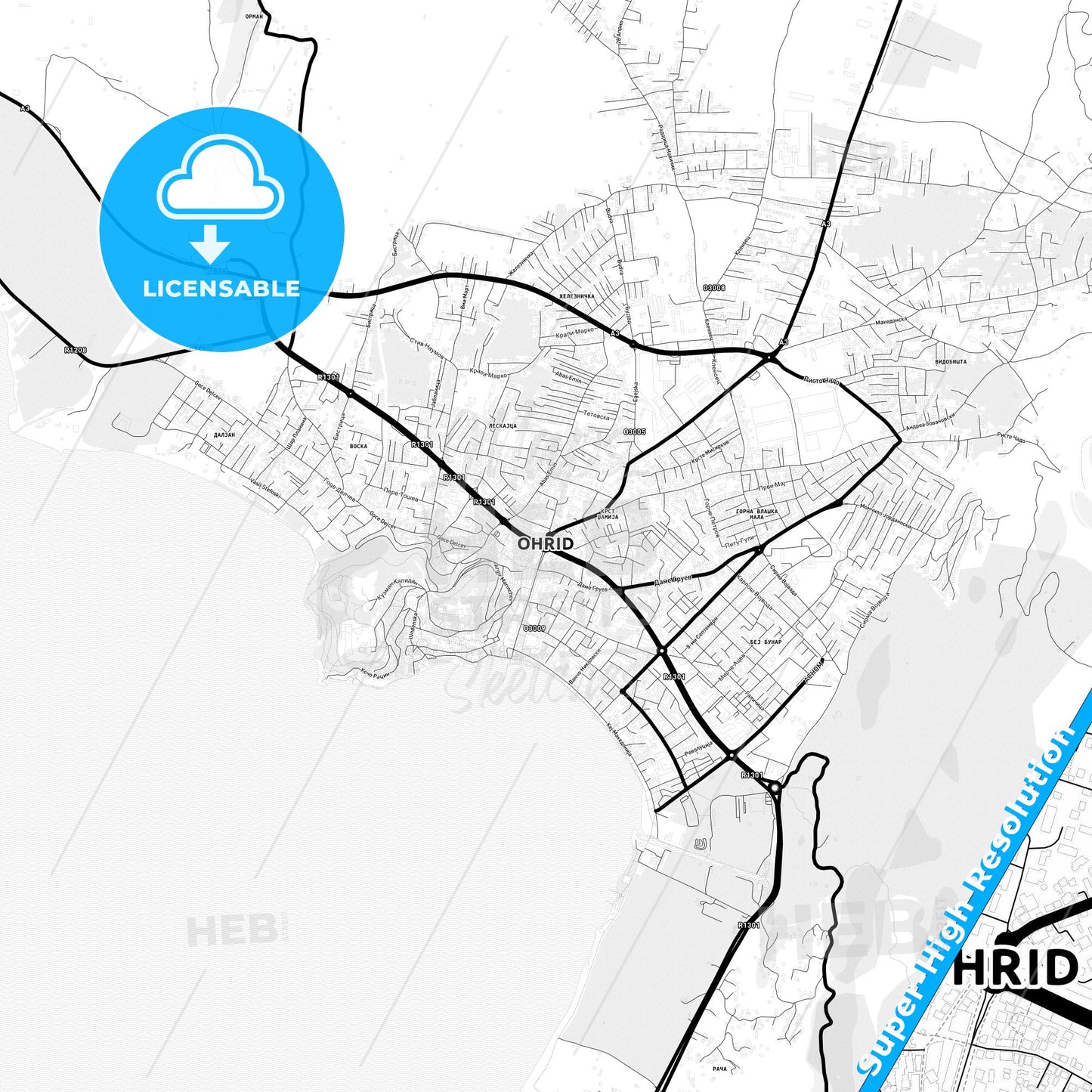 Ohrid, North Macedonia Light Map with Street Names, City Names, and Districts