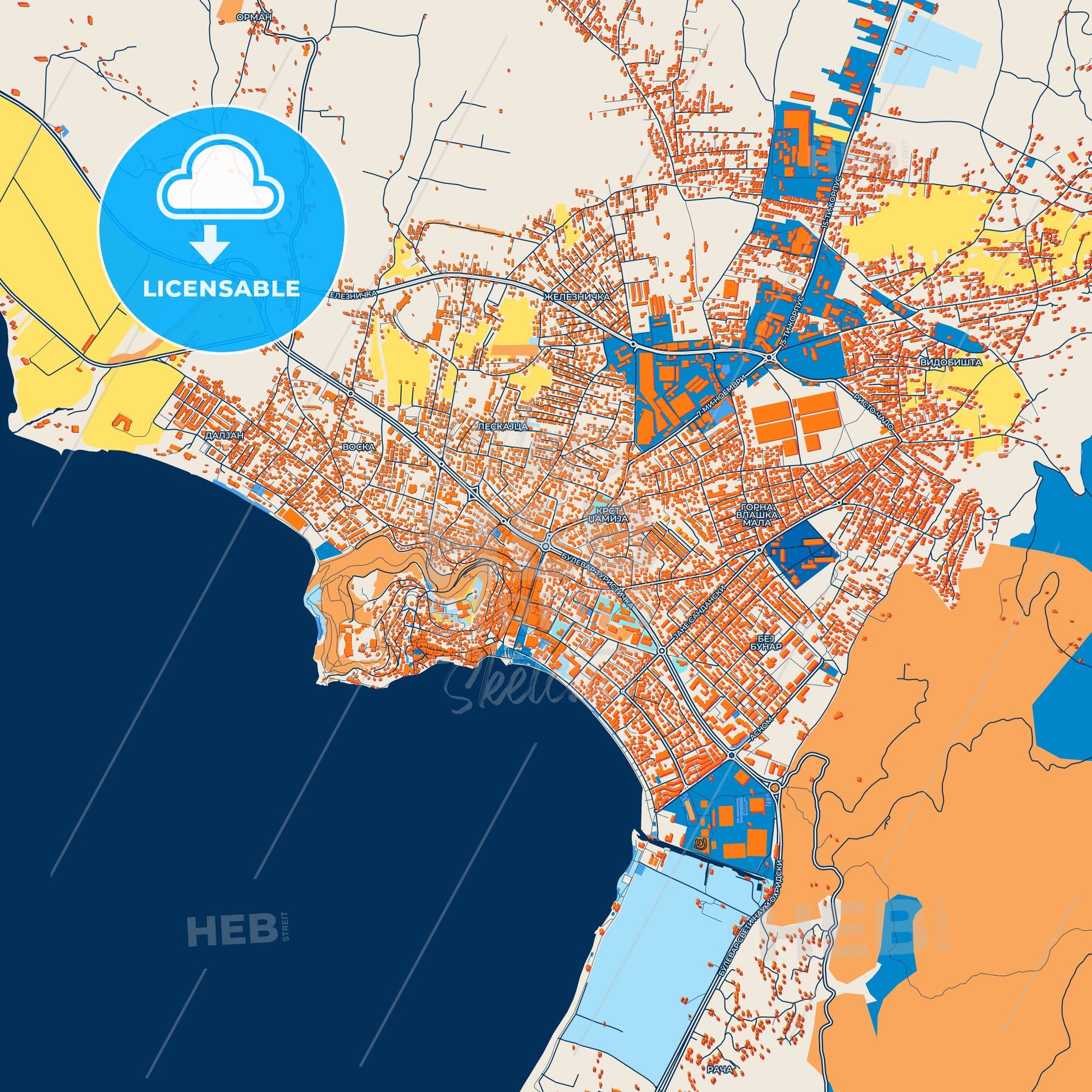 Colorful Ohrid Street Map with Labels and Buildings