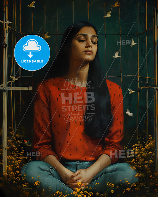 Painting of Pakistani Woman in Cage Artwork with Surrounding Birds