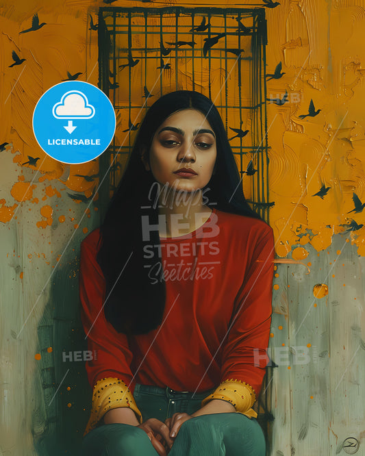 Colorful Painting of Incarcerated Pakistani Woman in Jeans and T-Shirt, Surrounded by Birds and a Woman in Red