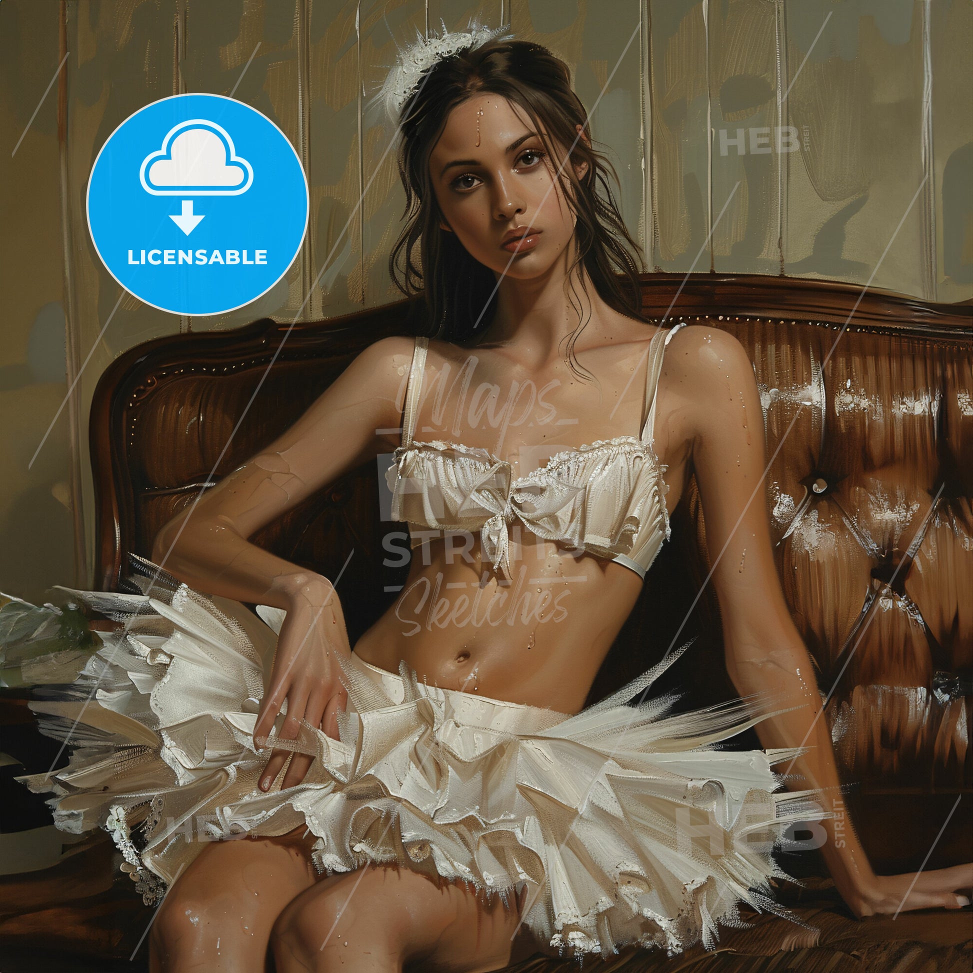 Oil Painting Of Ballerina In White Tutu Sitting On Sofa - A Woman In A White Dress Sitting On A Leather Couch