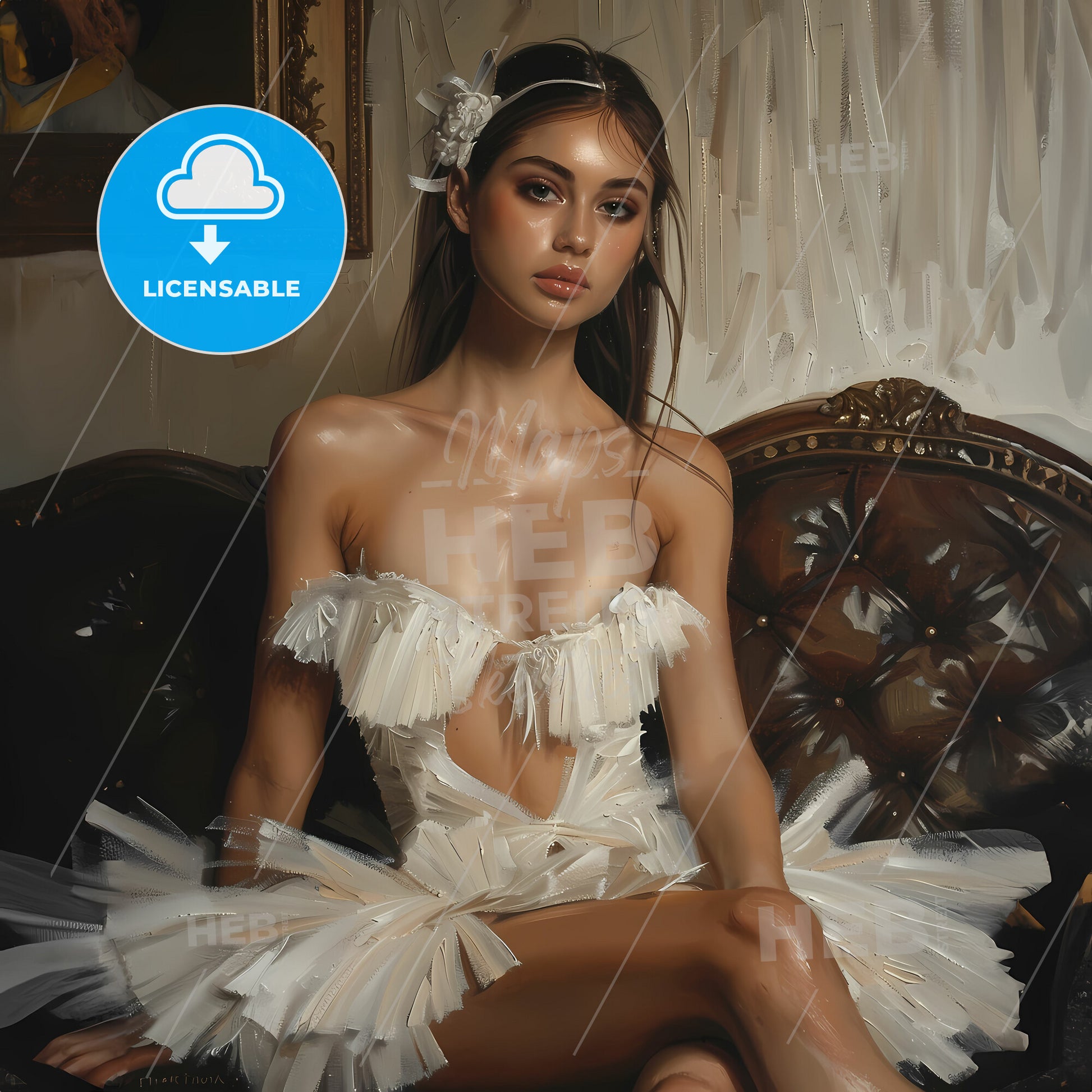 Oil Painting Of Ballerina In White Tutu Sitting On Sofa - A Woman In A White Dress Sitting On A Couch