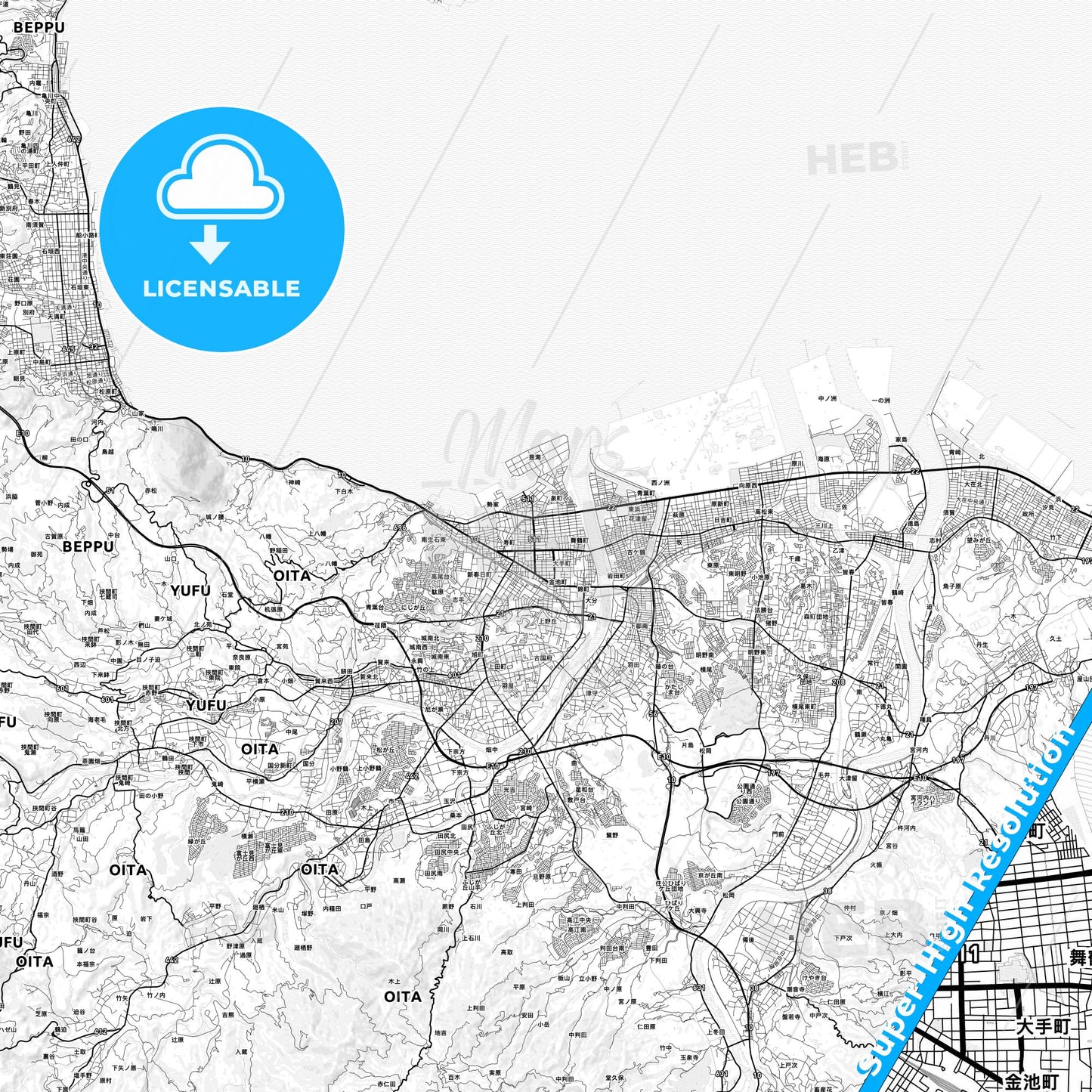 Ōita, Japan light map with streetnames, citynames and districts