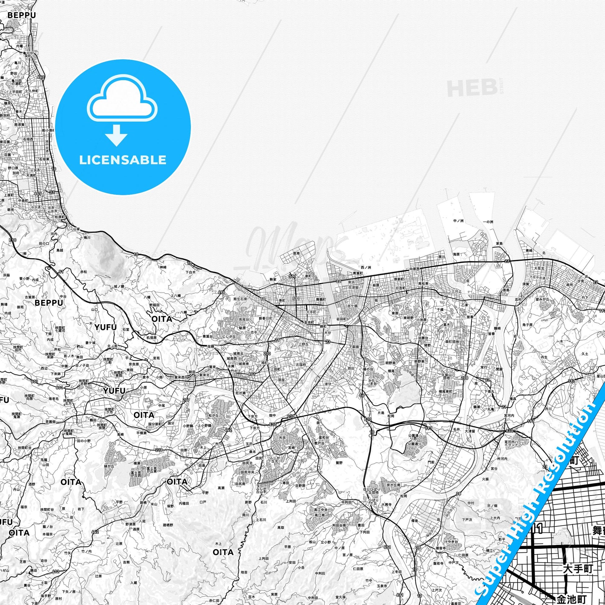 Ōita, Japan light map with streetnames, citynames and districts