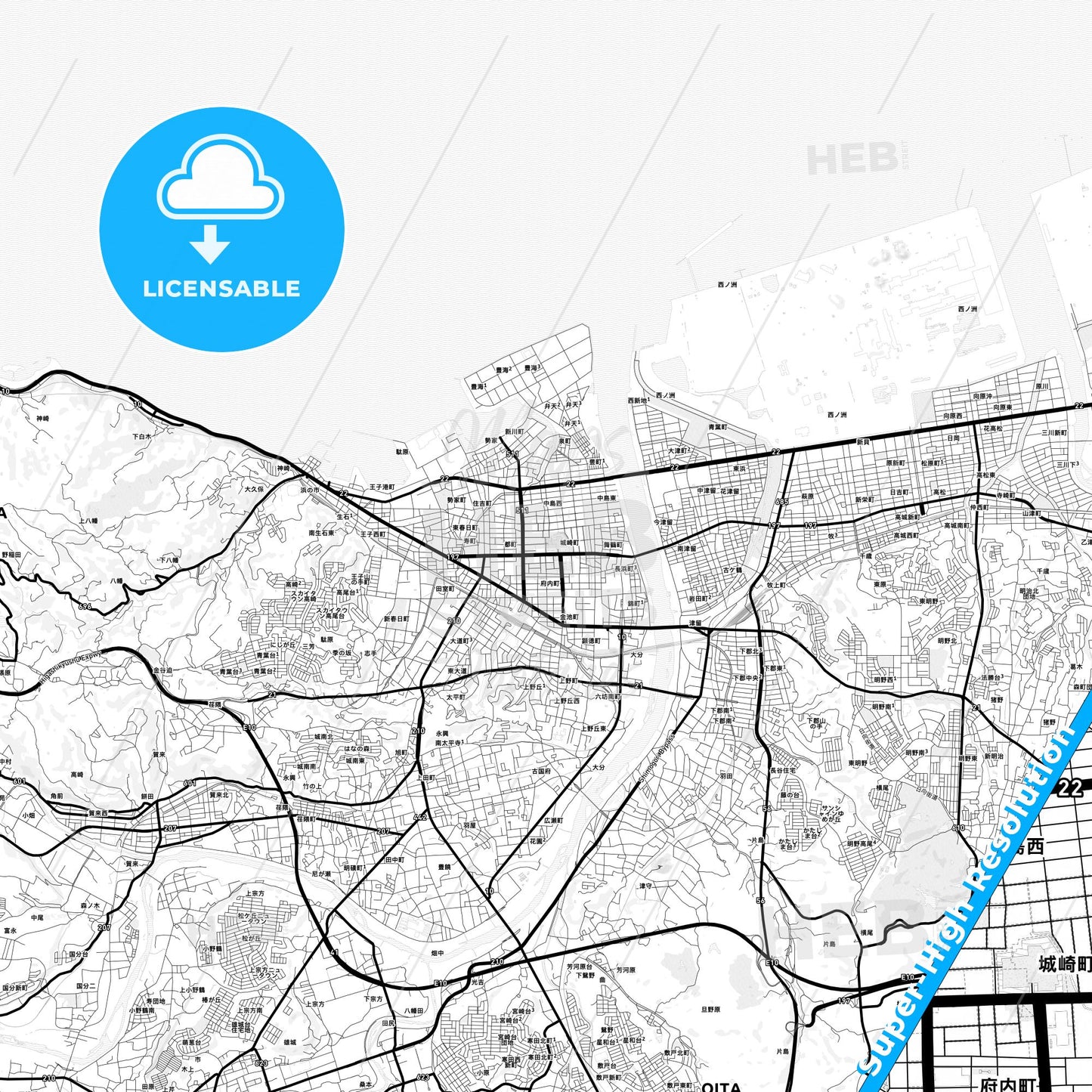 Ōita, Japan Light Map with Street Names, City Names, and Districts