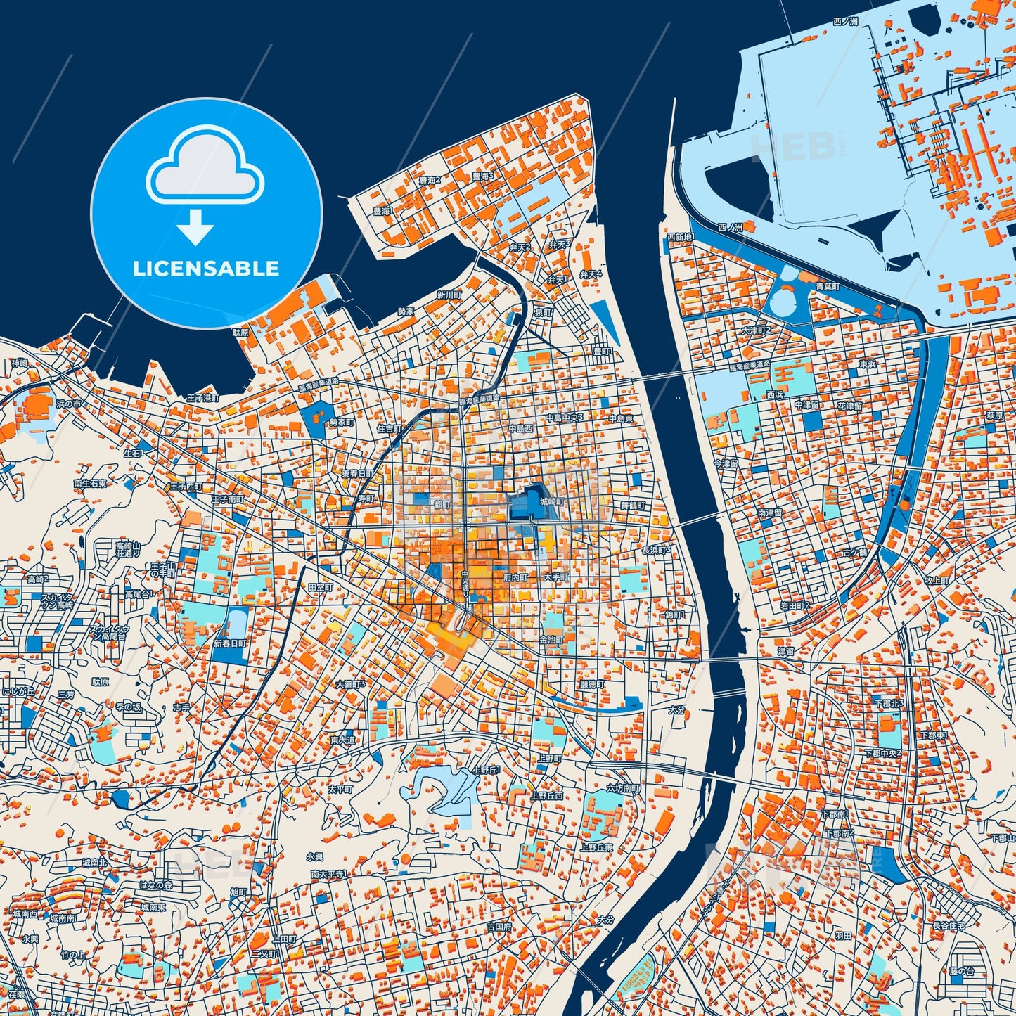 Colorful Ōita Street Map with Labels and Buildings