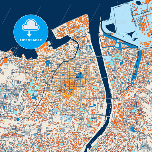 Colorful Ōita Street Map with Labels and Buildings