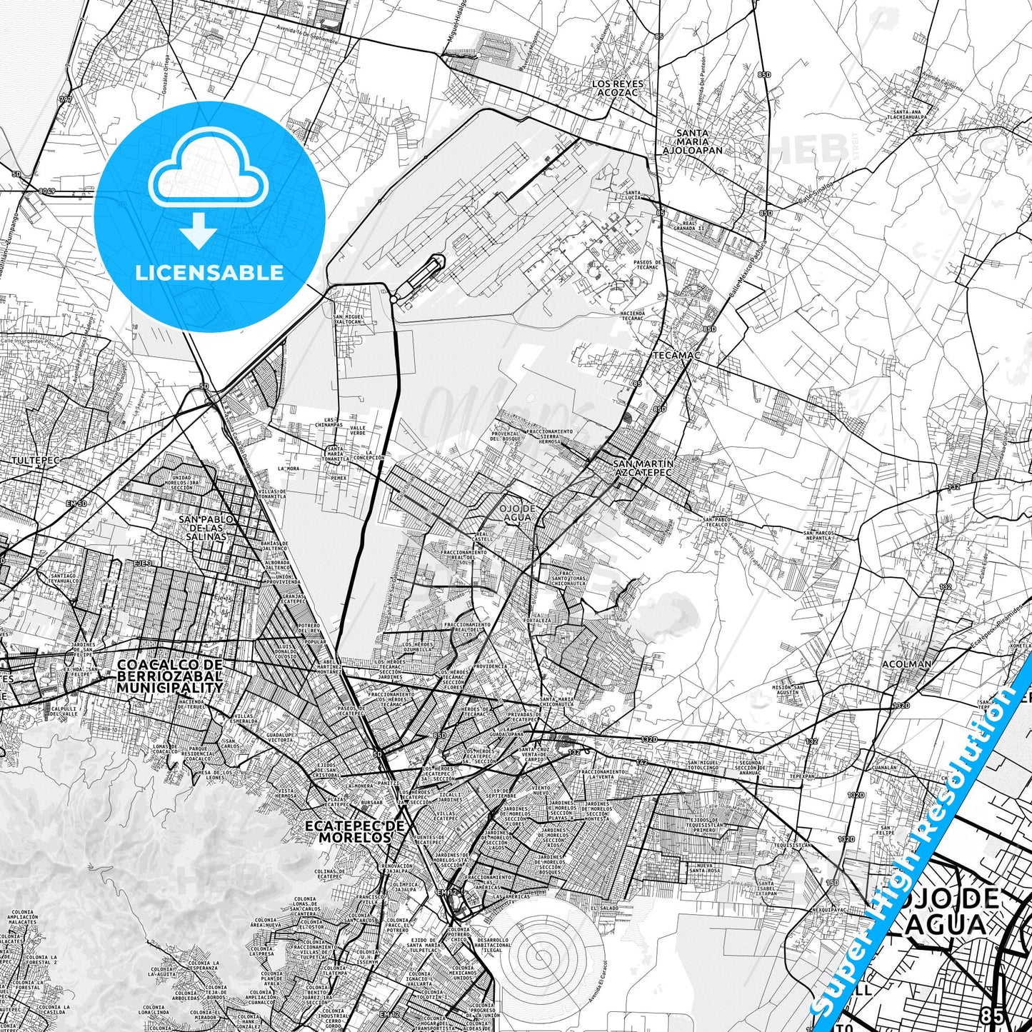 Ojo de Agua, Mexico light map with streetnames, citynames and districts