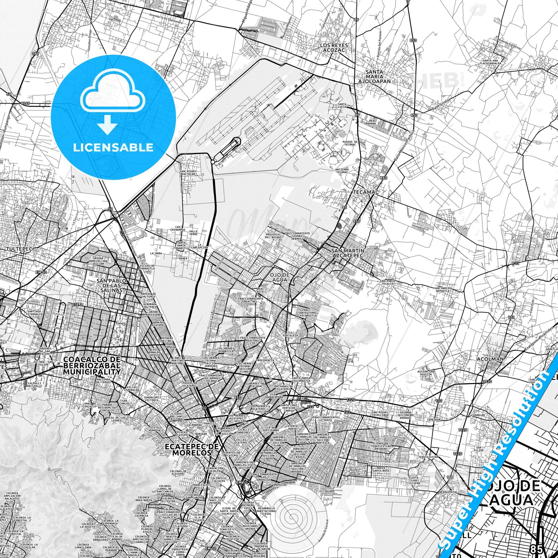 Ojo de Agua, Mexico light map with streetnames, citynames and districts