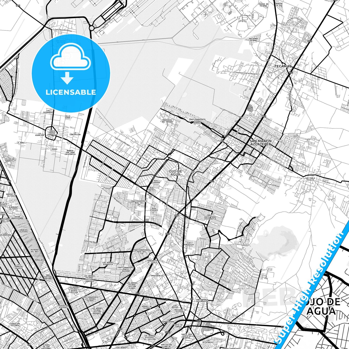 Ojo de Agua, Mexico Light Map with Street Names, City Names, and Districts