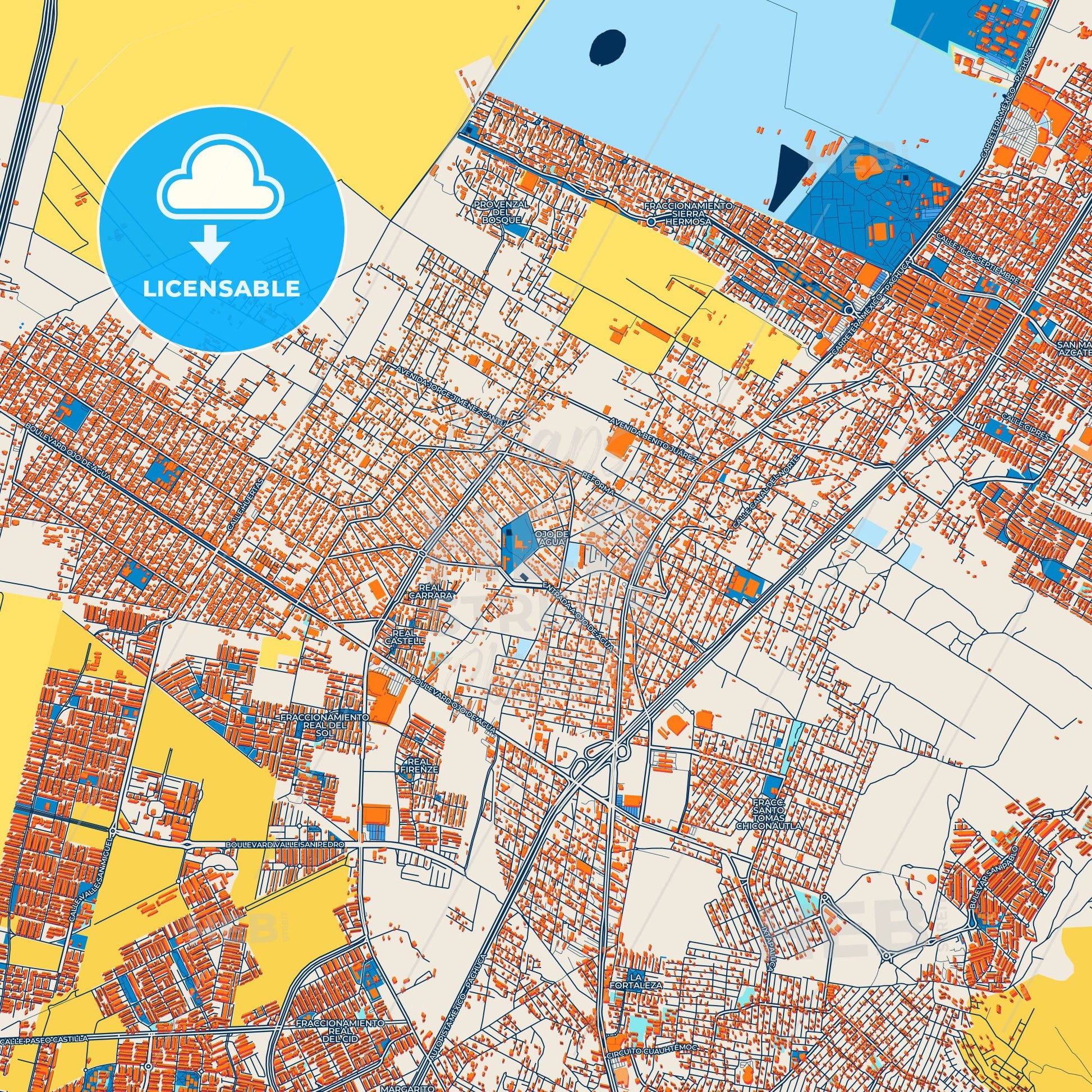 Colorful Ojo de Agua Street Map with Labels and Buildings