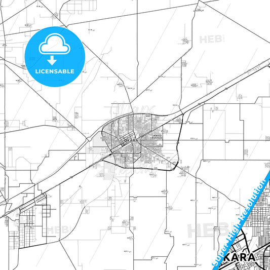 Okara, Pakistan light map with streetnames, citynames and districts