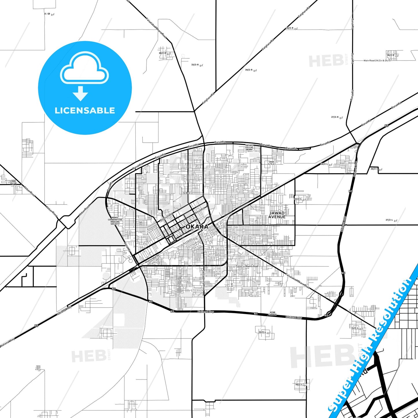 Okara, Pakistan Light Map with Street Names, City Names, and Districts