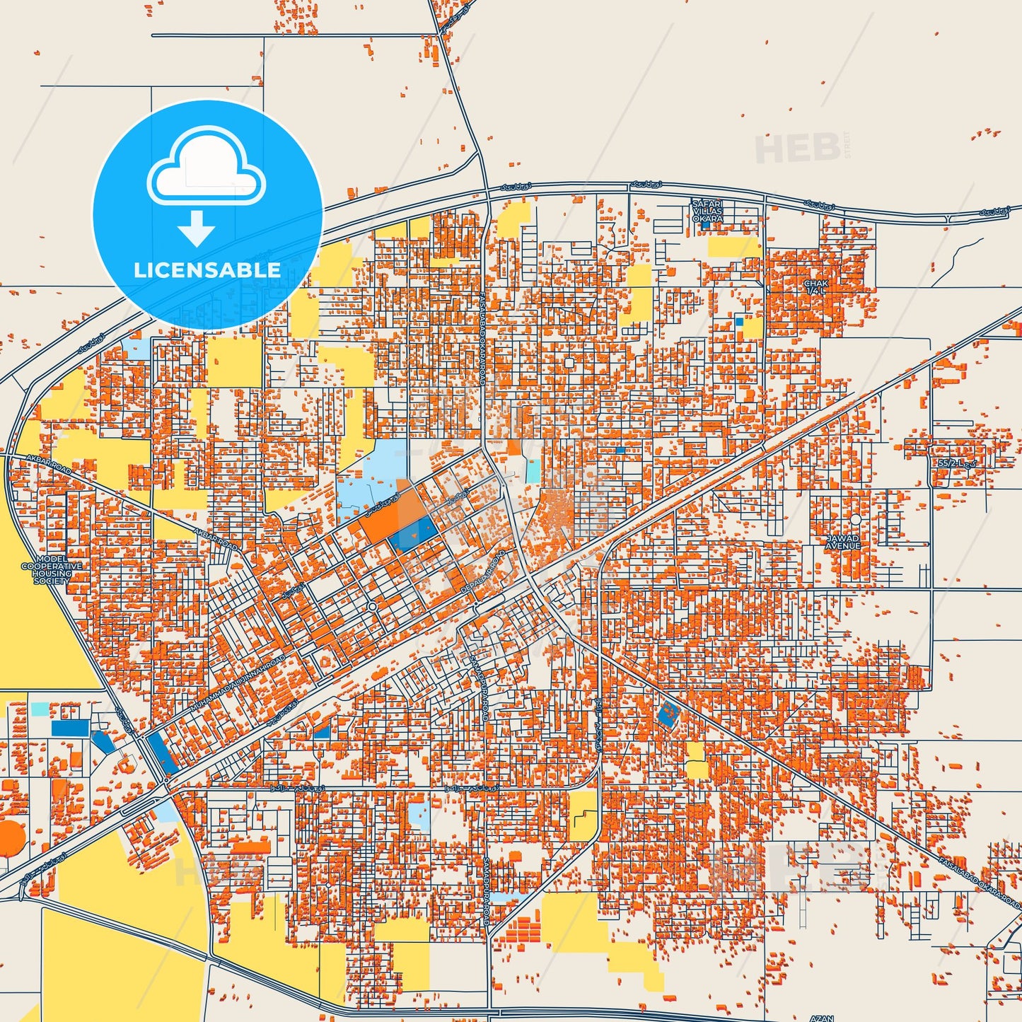 Colorful Okara Street Map with Labels and Buildings