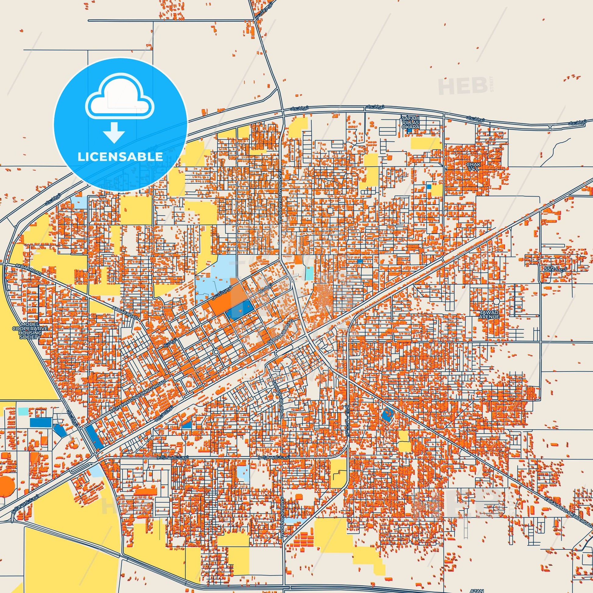 Colorful Okara Street Map with Labels and Buildings