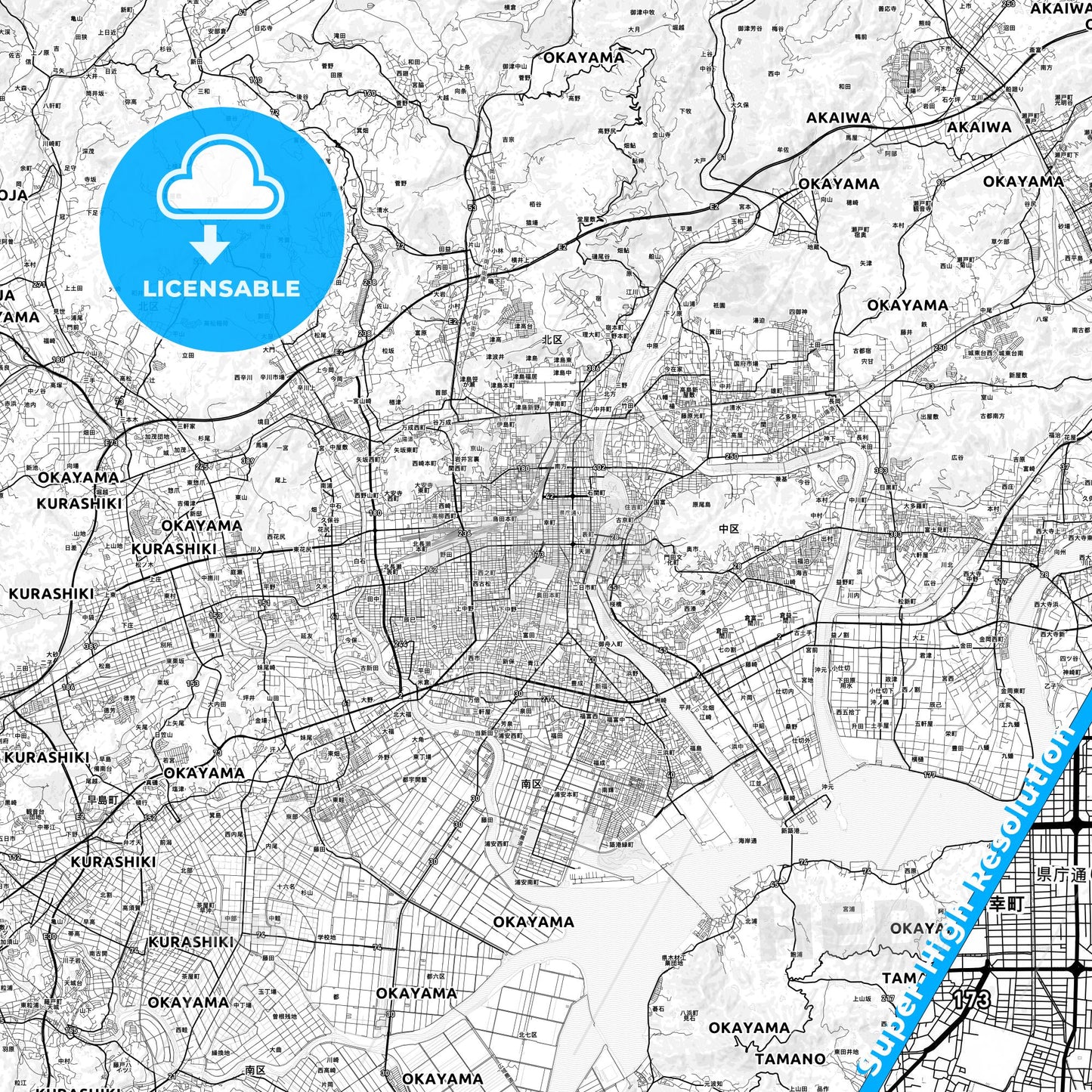 Okayama, Japan light map with streetnames, citynames and districts