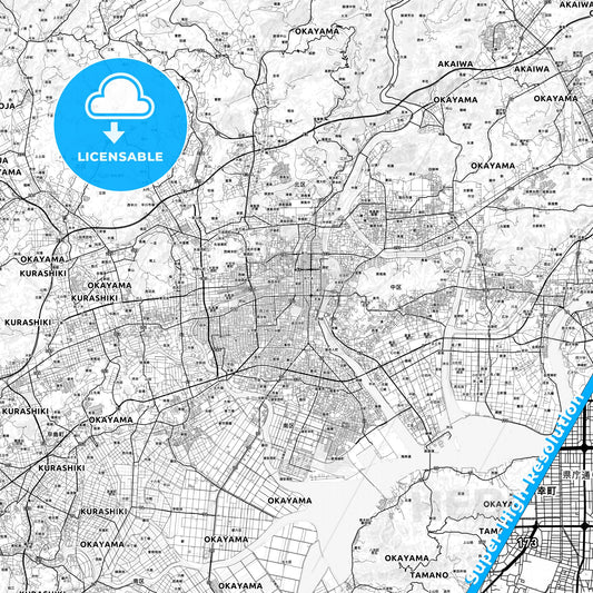 Okayama, Japan light map with streetnames, citynames and districts
