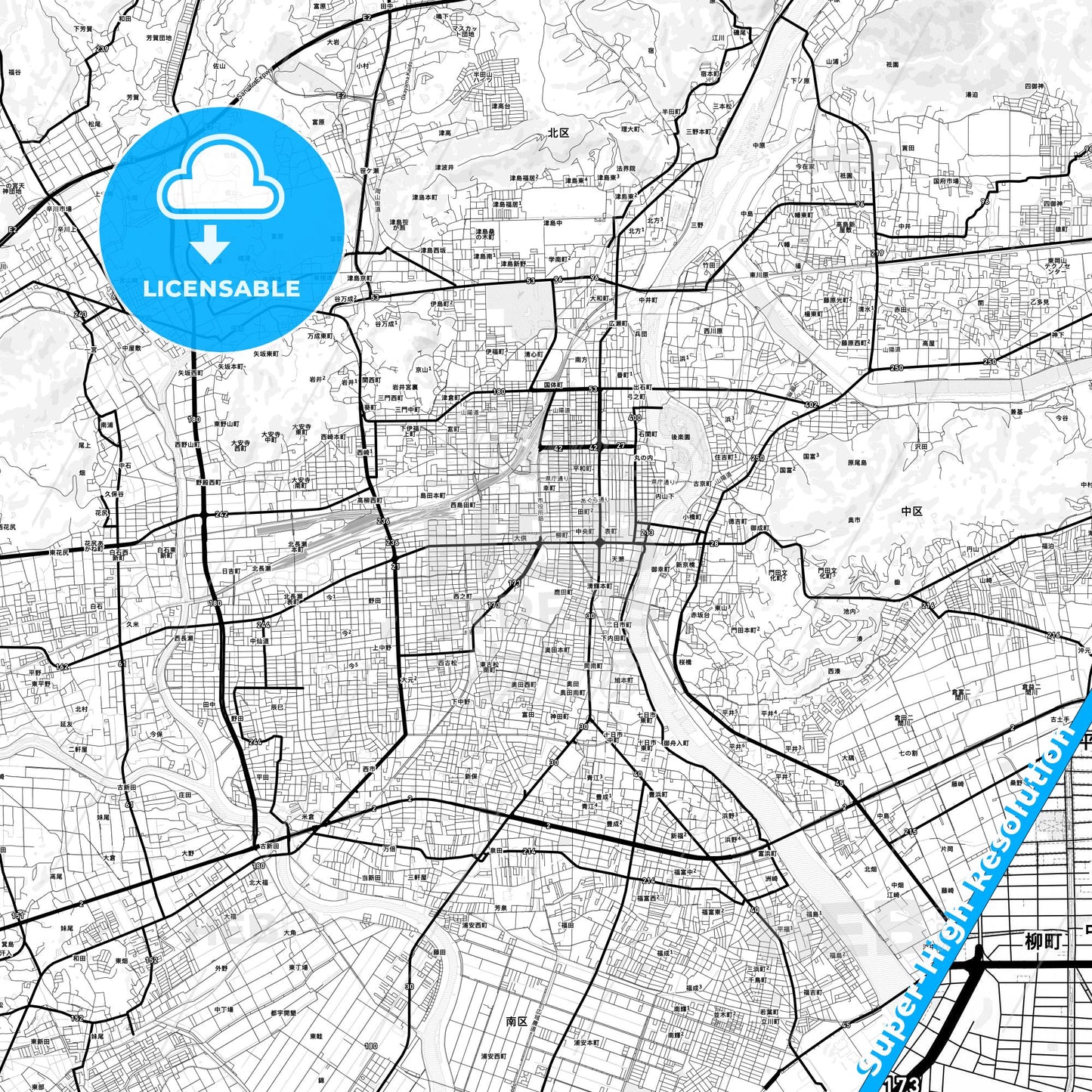 Okayama, Japan Light Map with Street Names, City Names, and Districts
