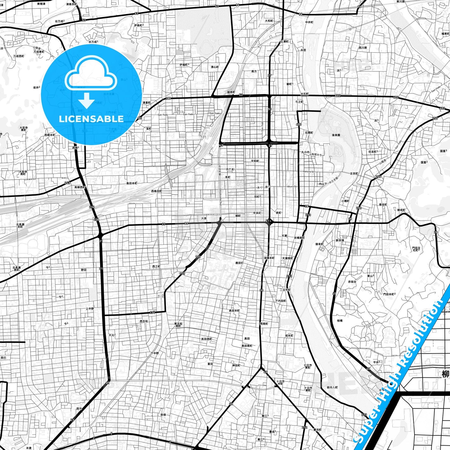 Okayama, Japan Light Map with Street Names, City Names, and Districts