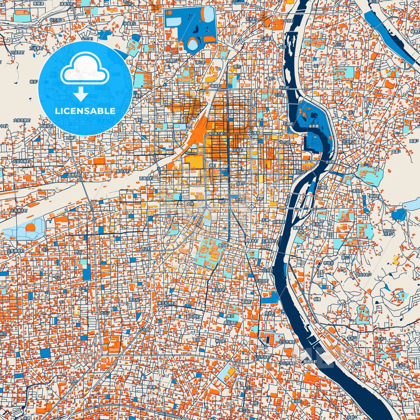 Colorful Okayama Street Map with Labels and Buildings