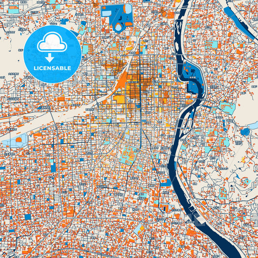 Colorful Okayama Street Map with Labels and Buildings