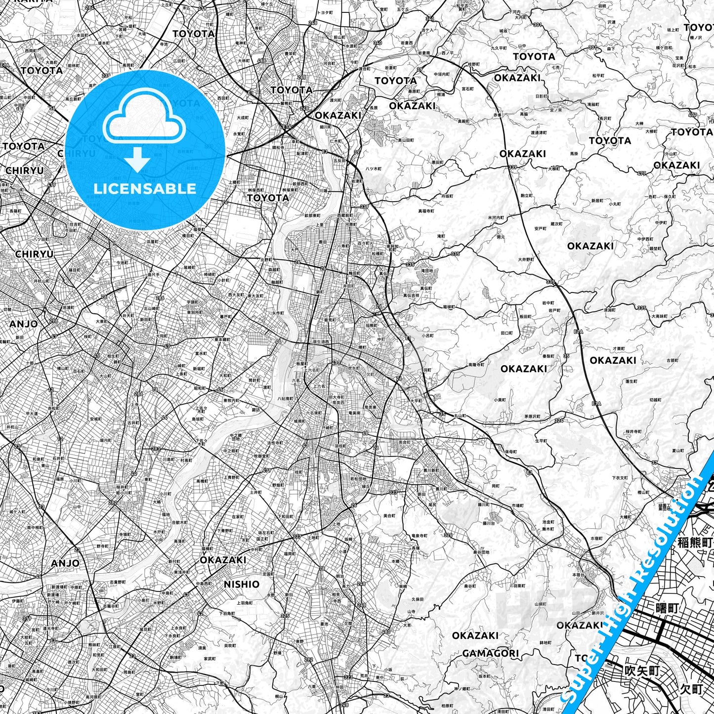 Okazaki, Japan light map with streetnames, citynames and districts
