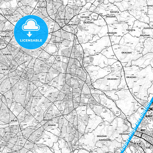 Okazaki, Japan light map with streetnames, citynames and districts