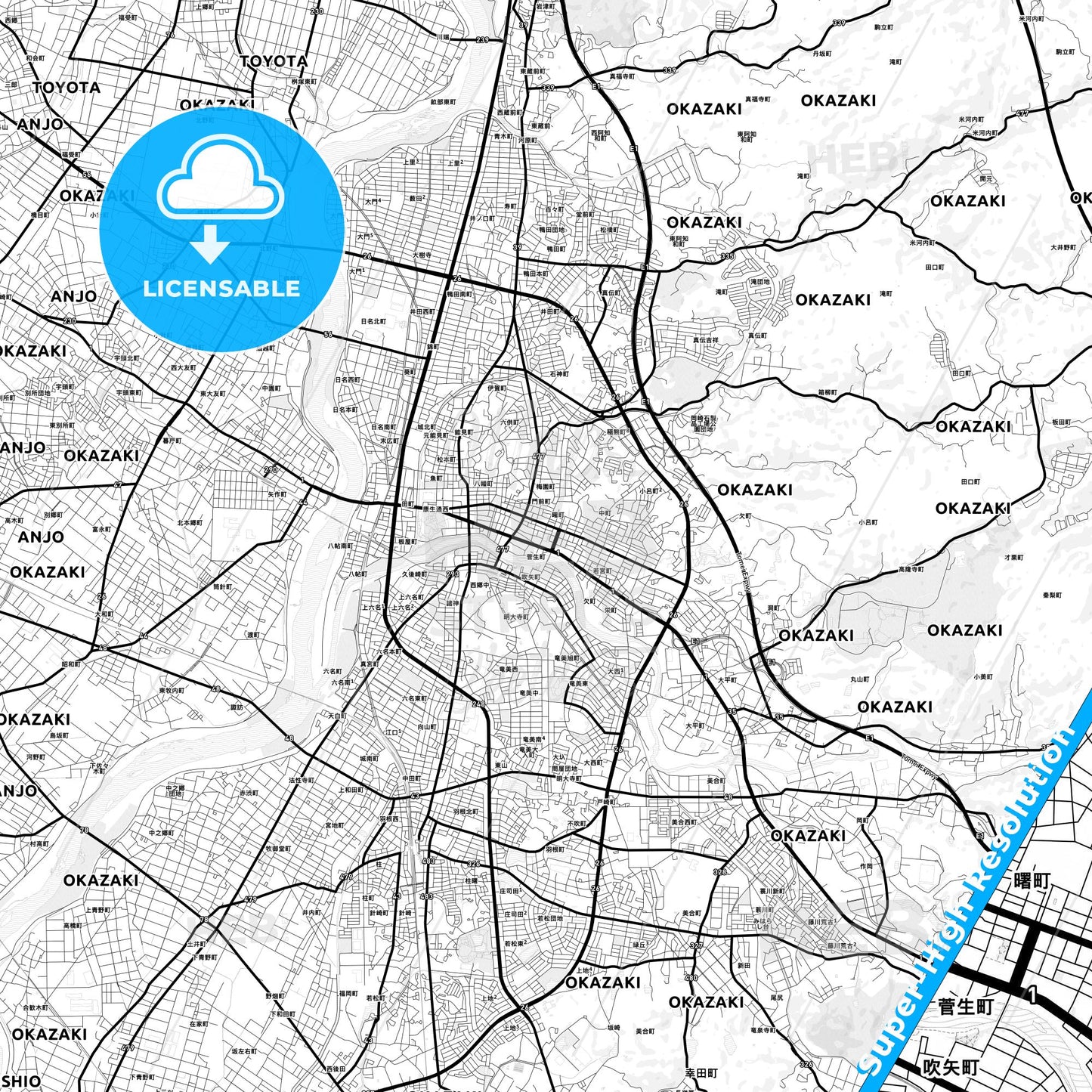 Okazaki, Japan Light Map with Street Names, City Names, and Districts