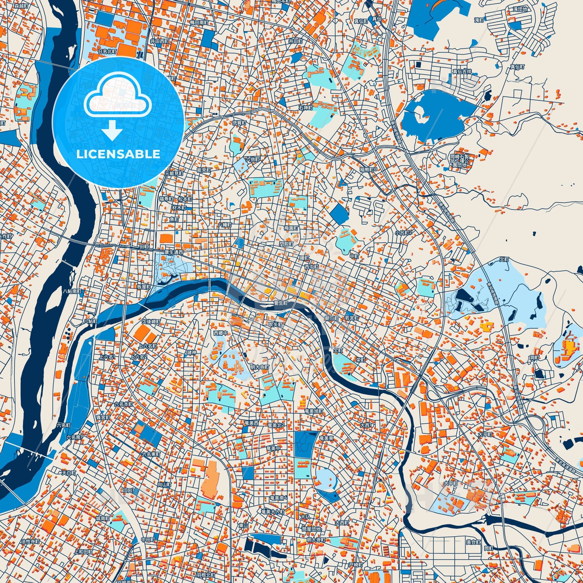 Colorful Okazaki Street Map with Labels and Buildings