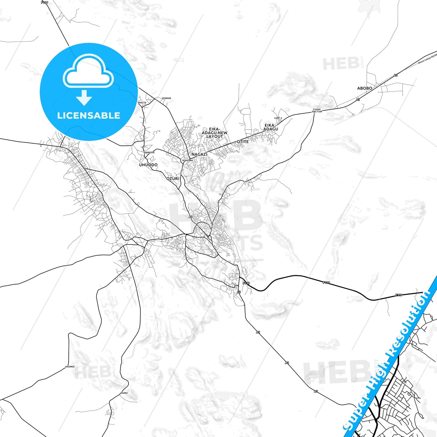 Okene, Nigeria light map with streetnames, citynames and districts