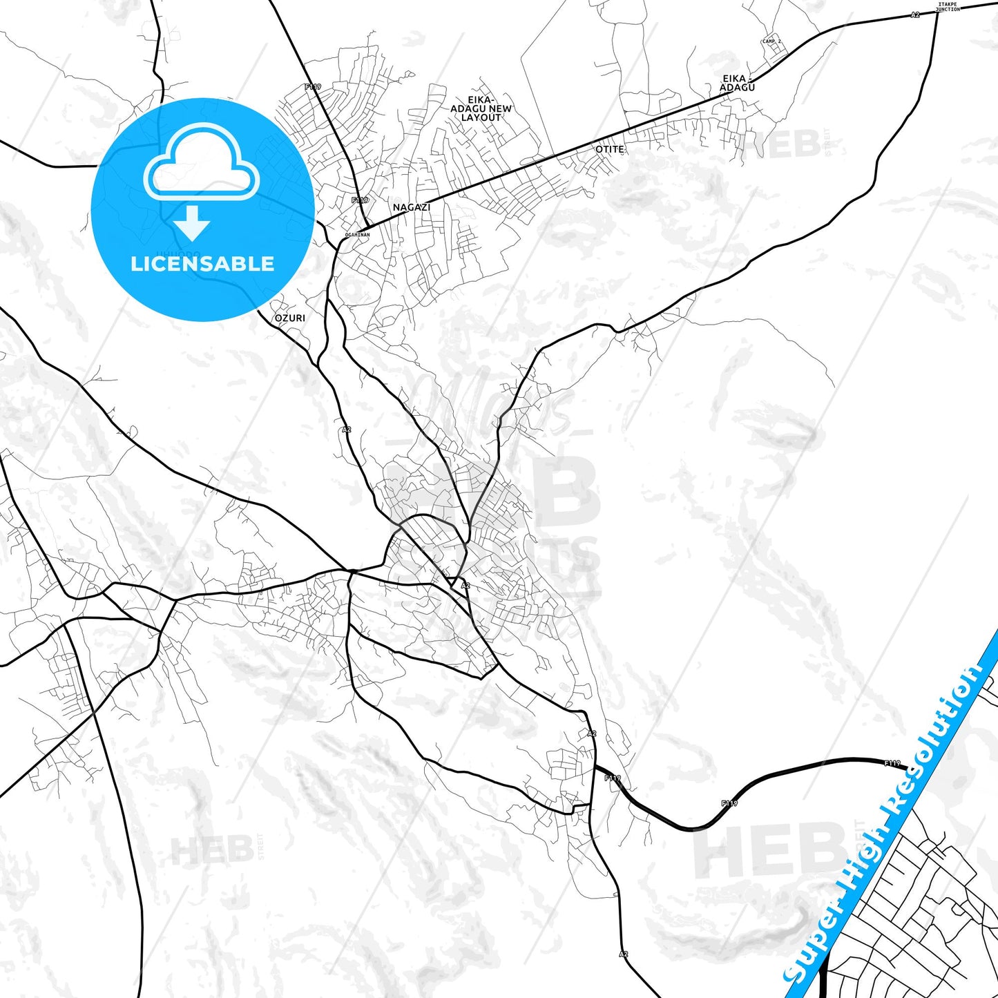 Okene, Nigeria Light Map with Street Names, City Names, and Districts