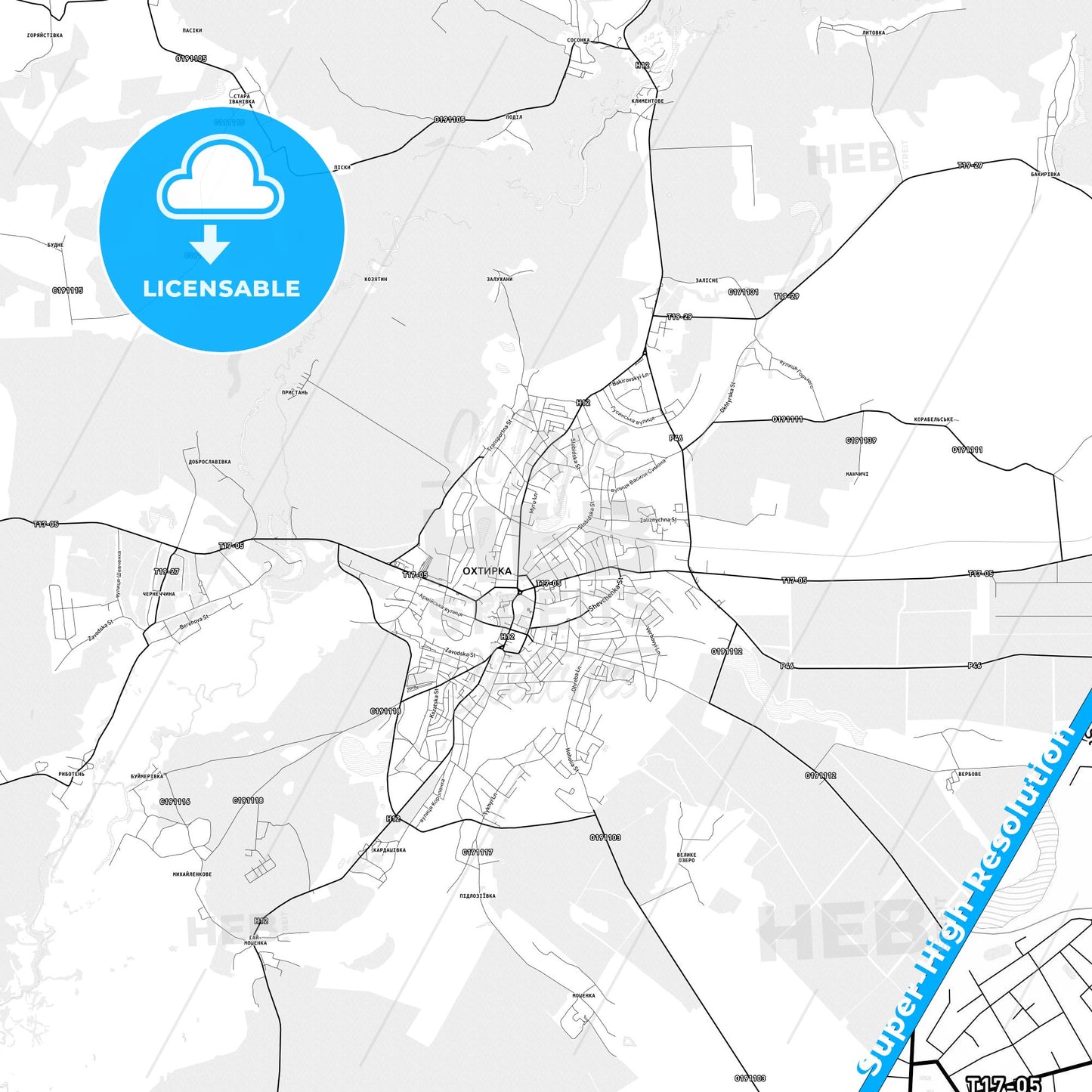 Okhtyrka, Ukraine light map with streetnames, citynames and districts