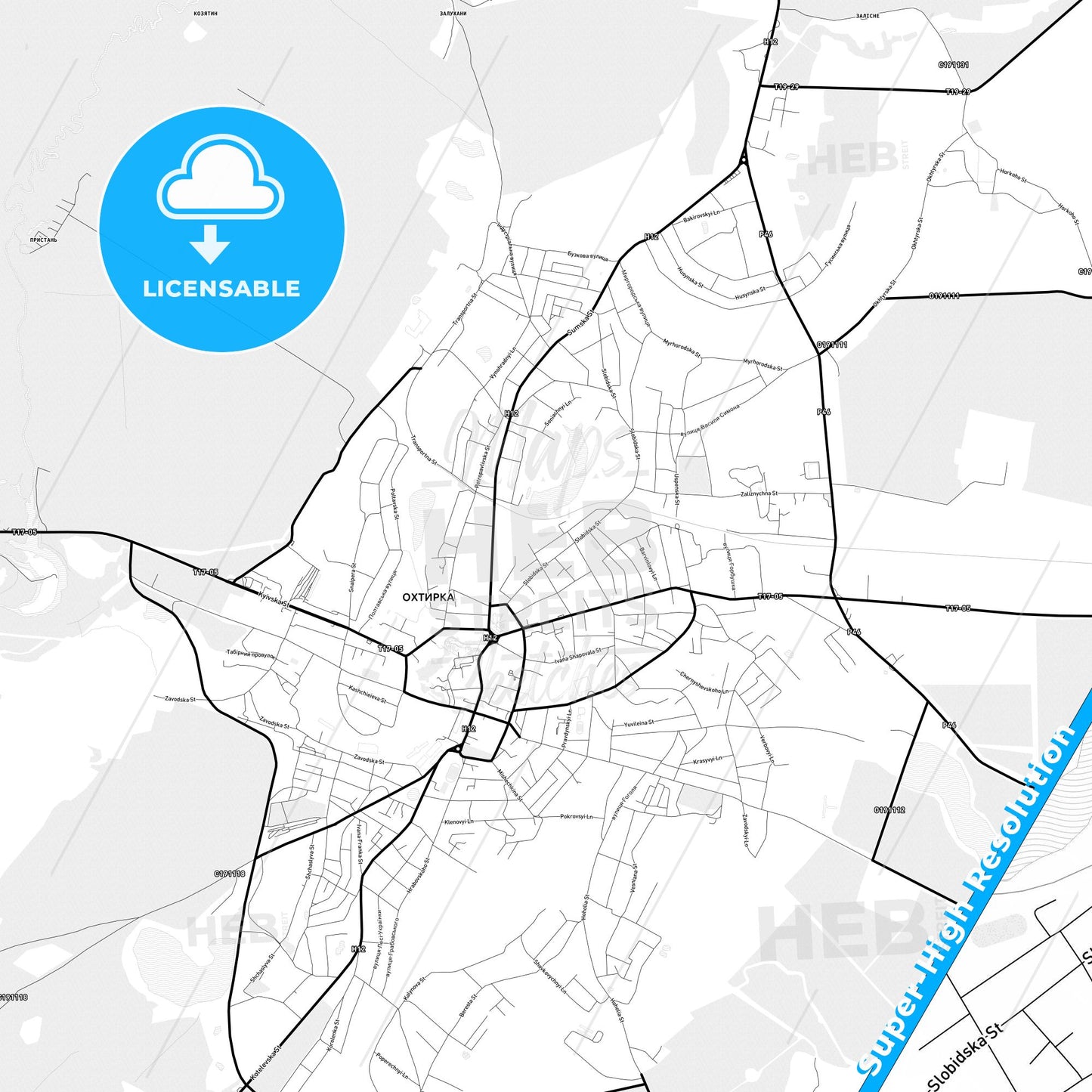Okhtyrka, Ukraine Light Map with Street Names, City Names, and Districts