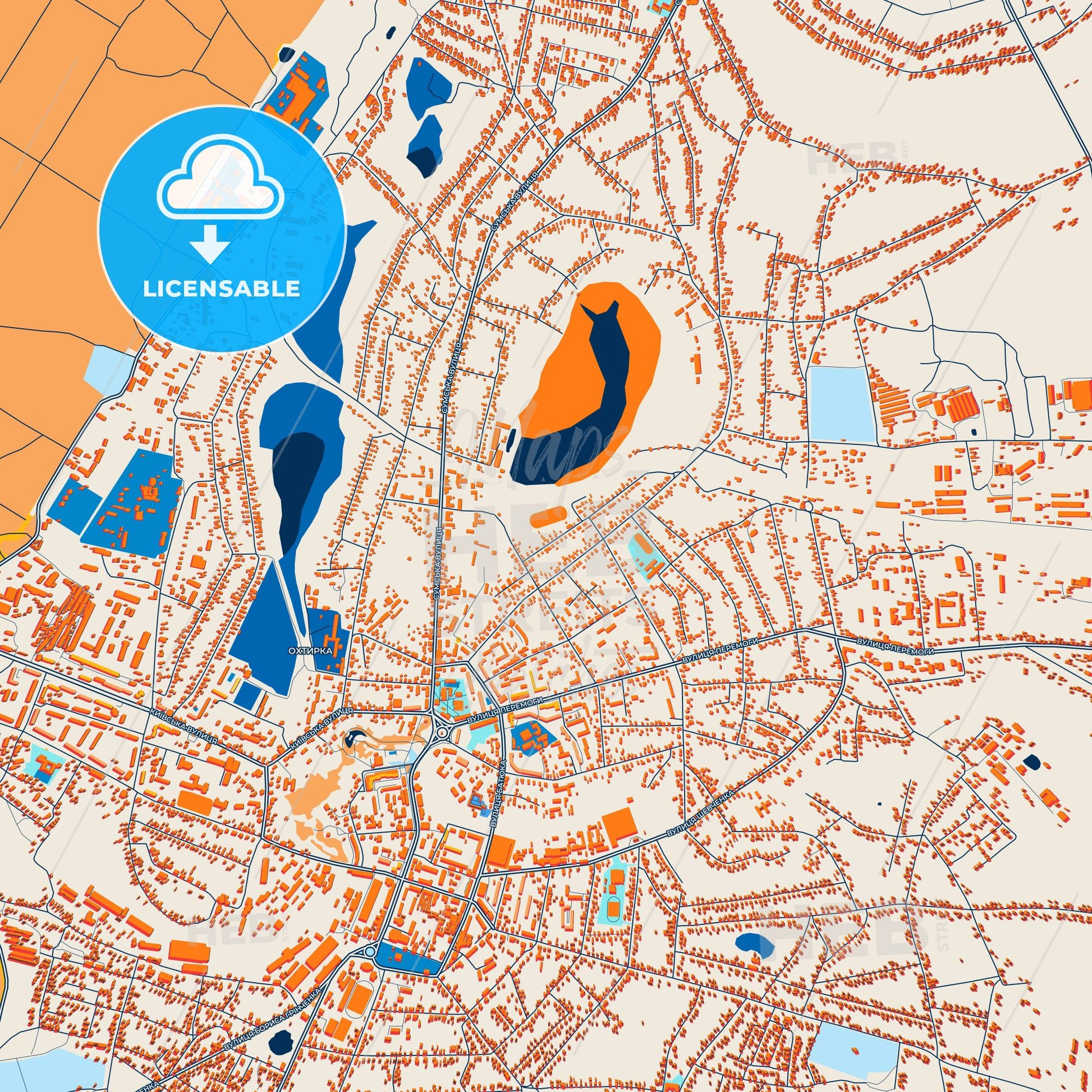 Colorful Okhtyrka Street Map with Labels and Buildings