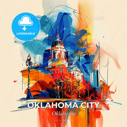 Vibrant Oklahoma City, Oklahoma - A Painting Of A Building With A Dome And A Street Light - Square format print template