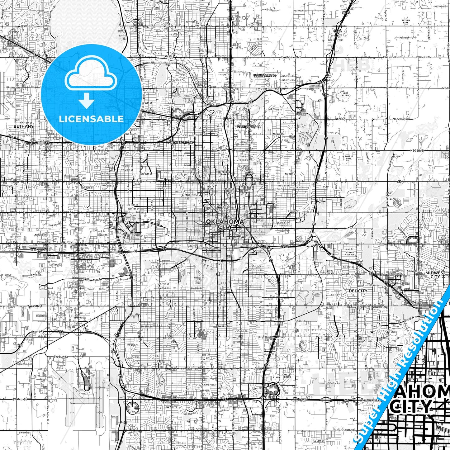Oklahoma City, Oklahoma light map with streetnames, citynames and districts